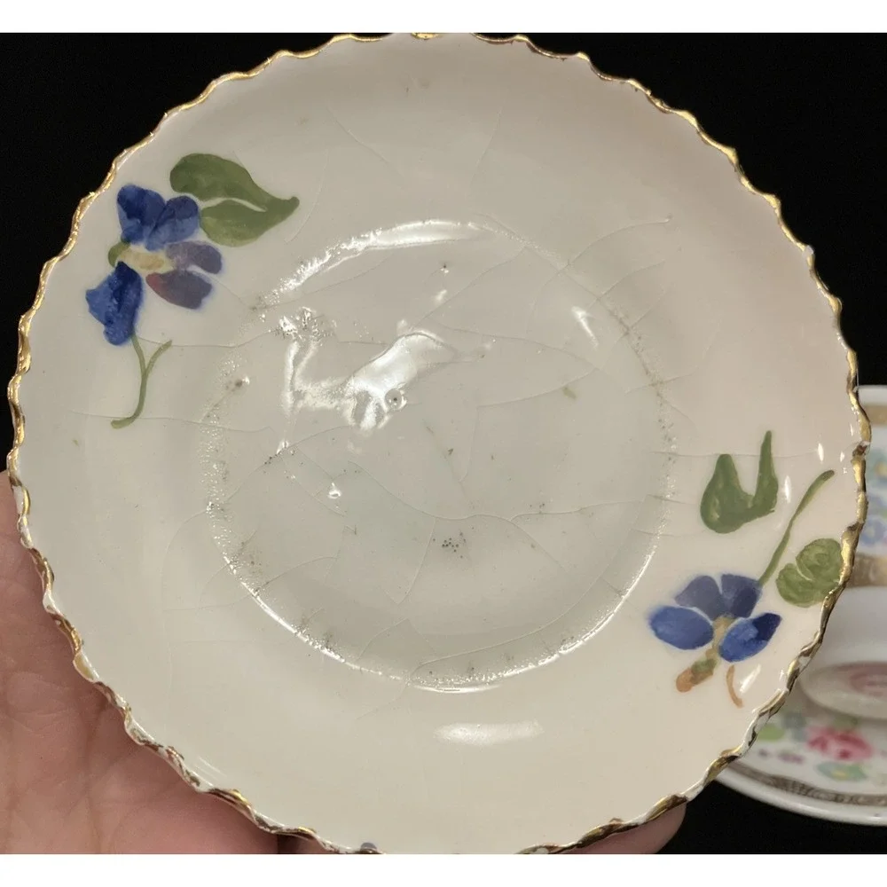 Vintage Lot 3 Fine China Porcelain Teacups & Saucers Floral Gold Blue Avon